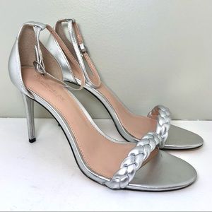 Rachel Zoe Ashton braid metallic silver leather strappy high heel sandals